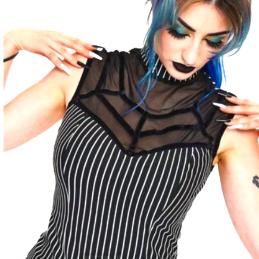 Gothic Pinstripe Mesh Panel Dress – Size Medium